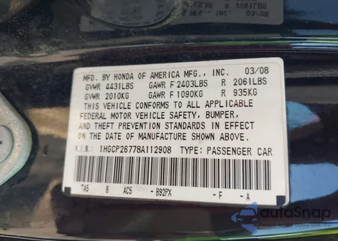 2008 Honda Accord 2.4 Ex z USA, uszkodzony, nr VIN 1HGCP26778A112908